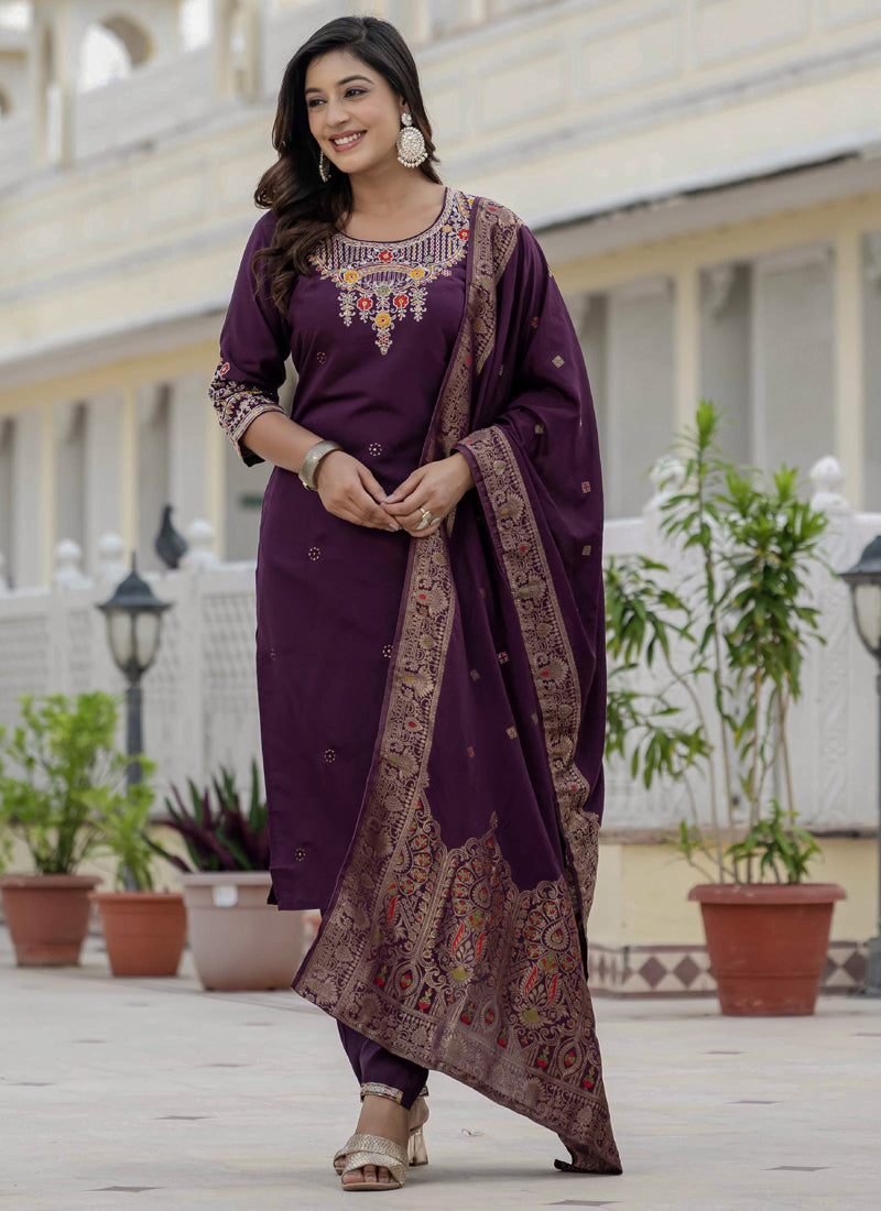 Wine-colored Roman silk kurta set with detailed sequin and coding embroidery