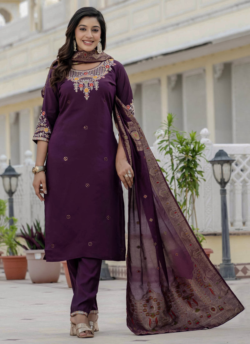 Wine Roman Silk Designer Kurta Set with Sequins Embroidery
