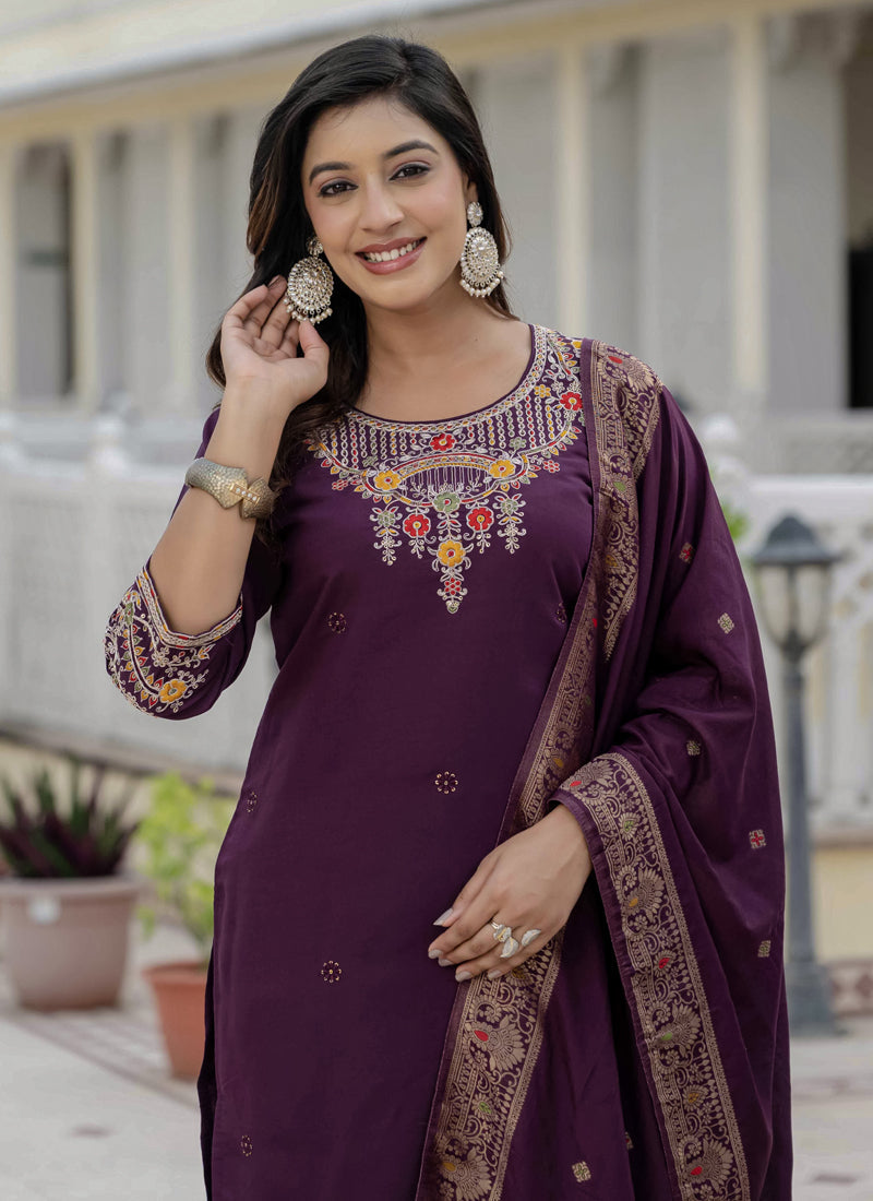 Wine Roman Silk Designer Kurta Set with Sequins Embroidery