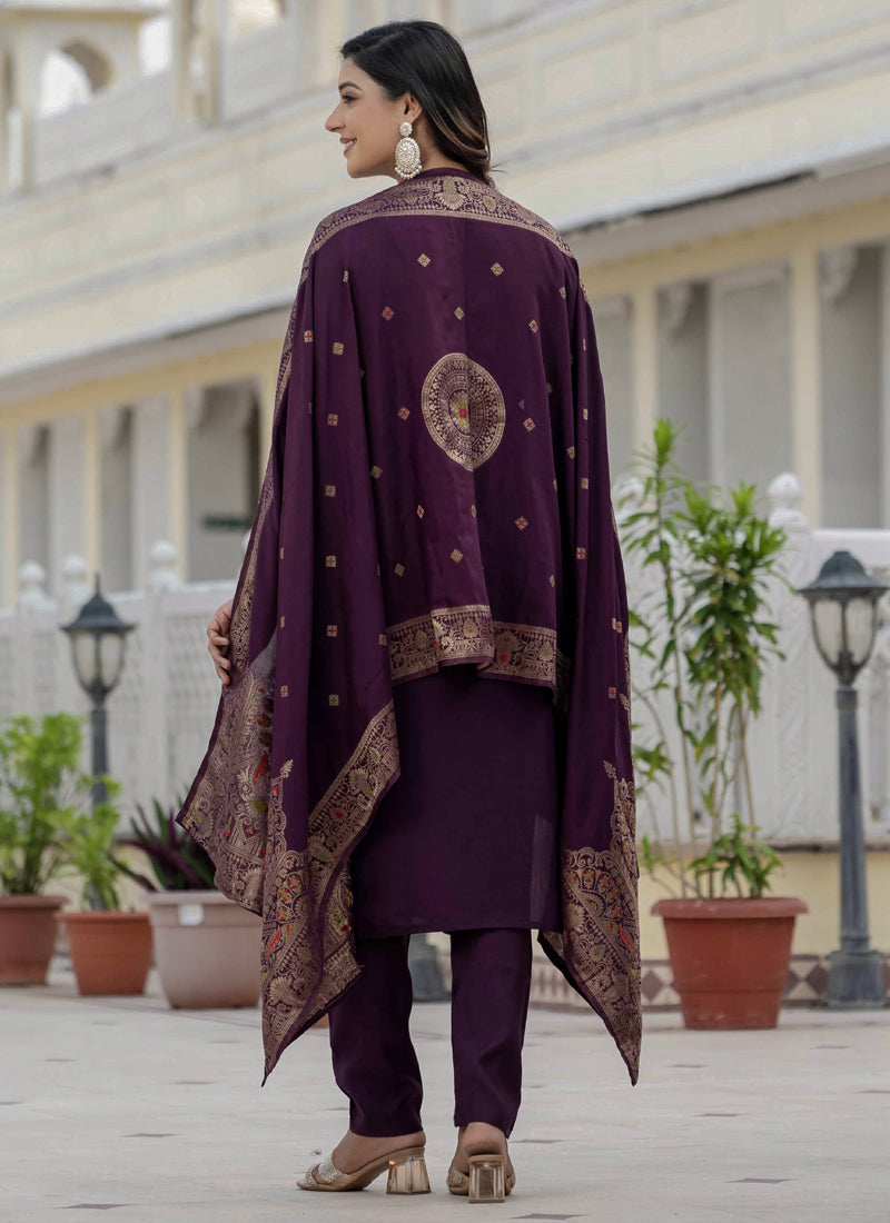 Wine Roman Silk Designer Kurta Set with Sequins Embroidery