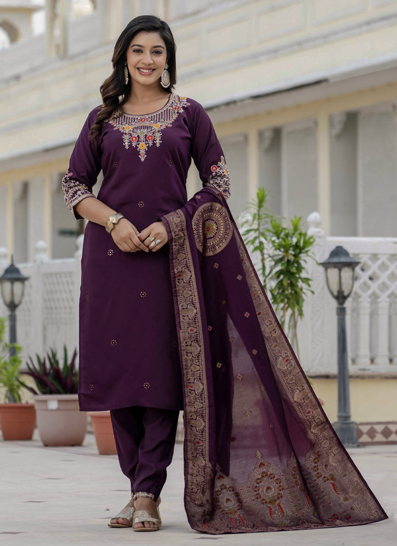 Wine Roman Silk Designer Kurta Set with Sequins Embroidery