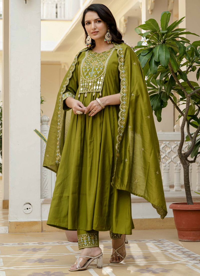 Mehendi Green Viscose Roman Silk Mirror Work Kurta Set