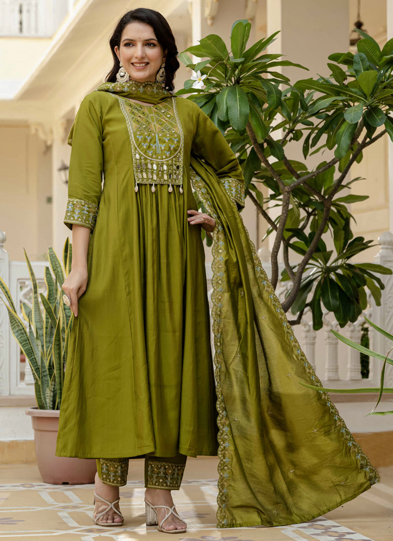 Mehendi Green Viscose Roman Silk Mirror Work Kurta Set