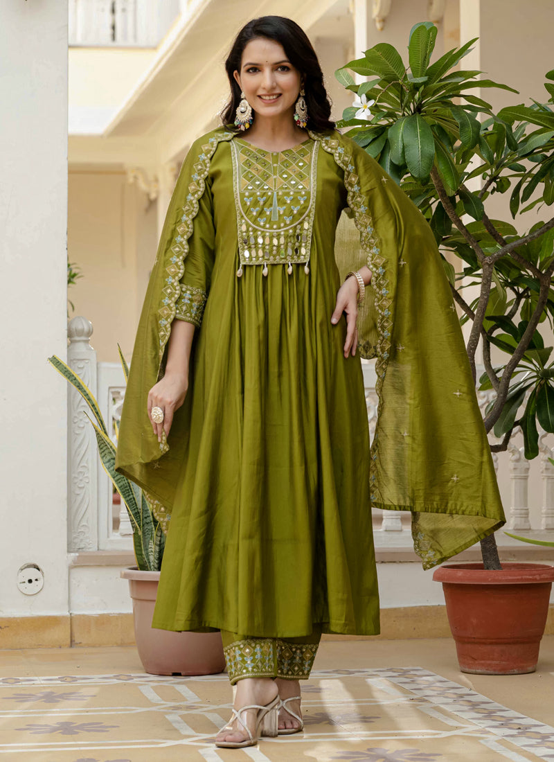 Mehendi Green Viscose Roman Silk Mirror Work Kurta Set