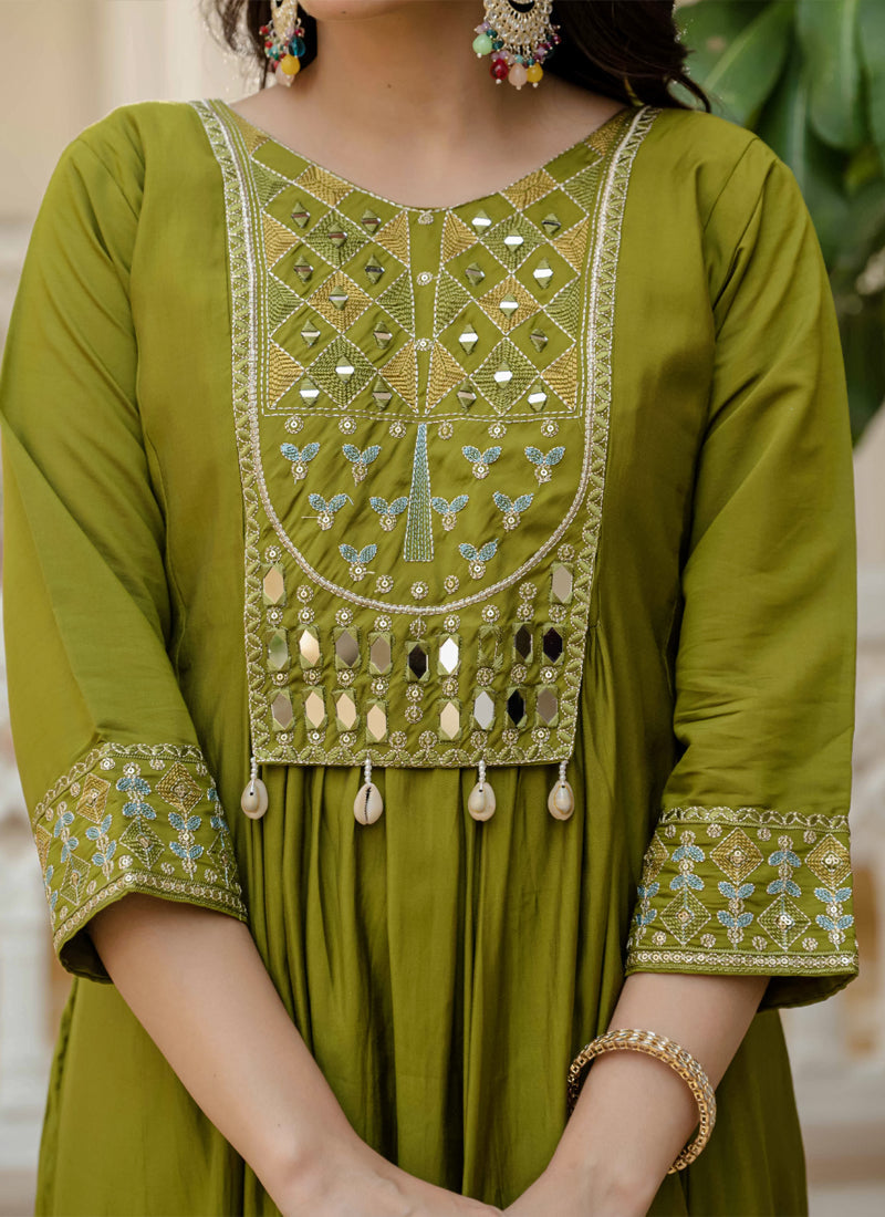Mehendi Green Viscose Roman Silk Mirror Work Kurta Set