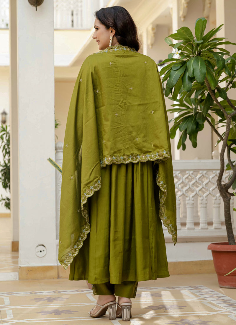 Mehendi Green Viscose Roman Silk Mirror Work Kurta Set