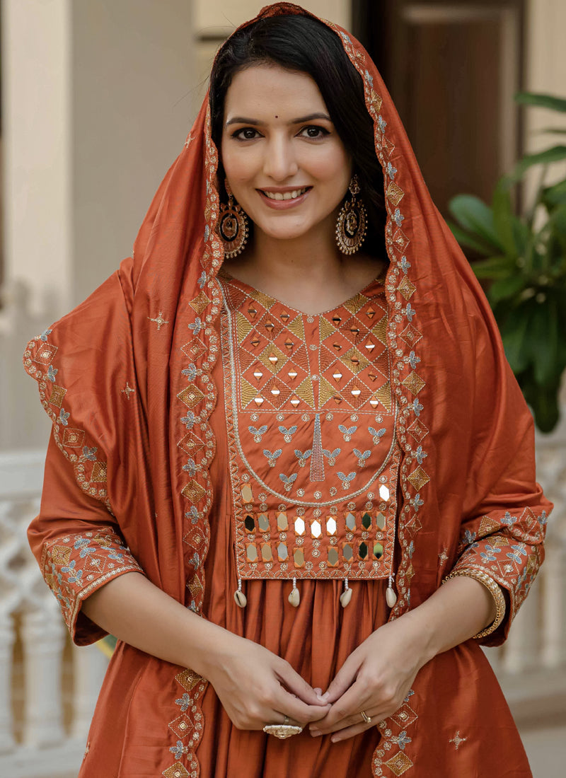 Prazu Fashion Orange Viscose Roman Silk Real Mirror Hand Work Kurta Set