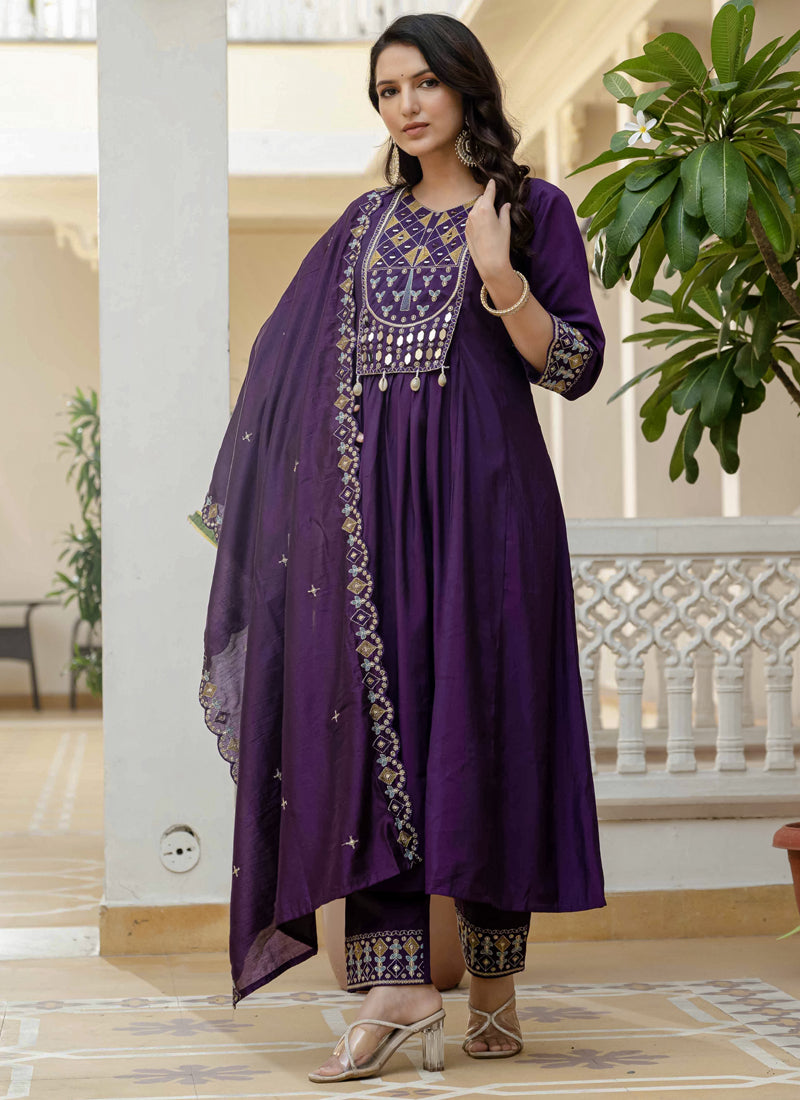 Purple Viscose Roman Silk Kurta Set with Real Mirror Hand Work