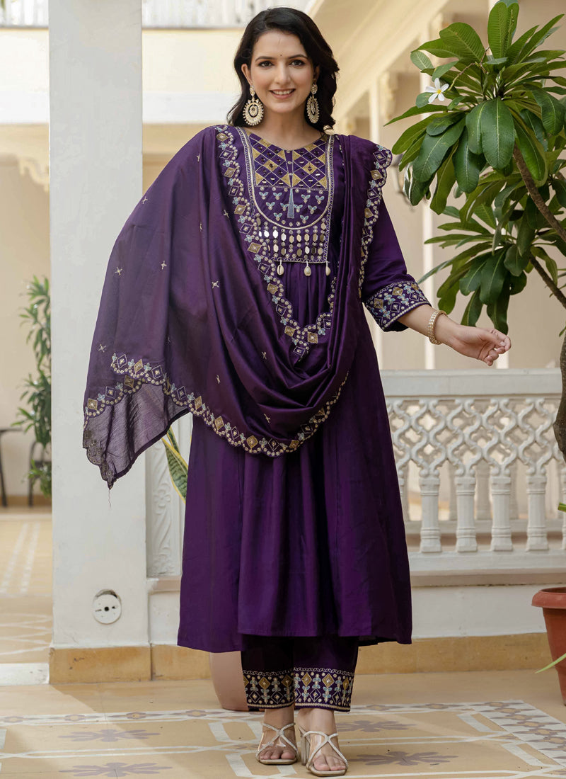 Purple Viscose Roman Silk Kurta Set with Real Mirror Hand Work