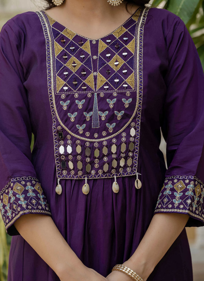 Purple Viscose Roman Silk Kurta Set with Real Mirror Hand Work