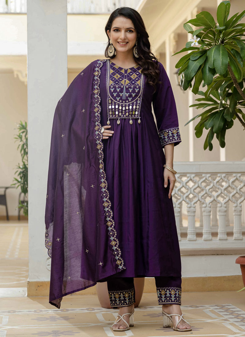 Purple Viscose Roman Silk Kurta Set with detailed real mirror hand embroidery