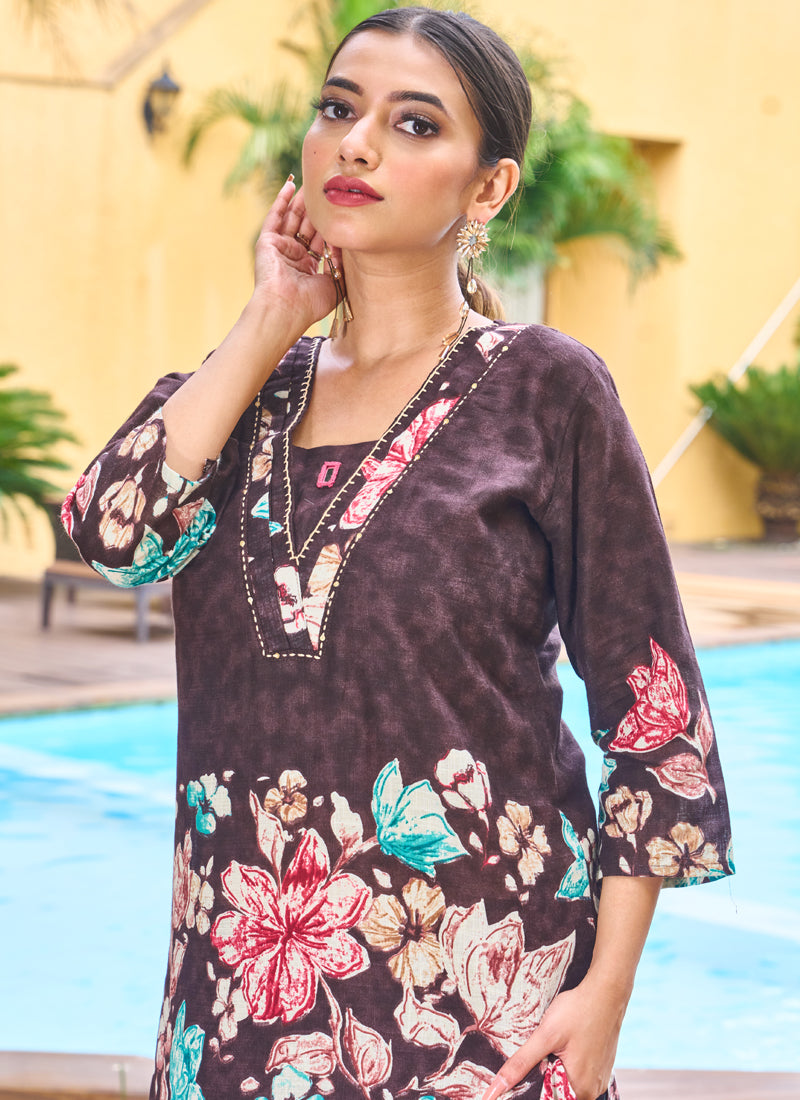 Prazu Fashion Coffee Pure Cotton Stylish Prints Co-Ords Set
