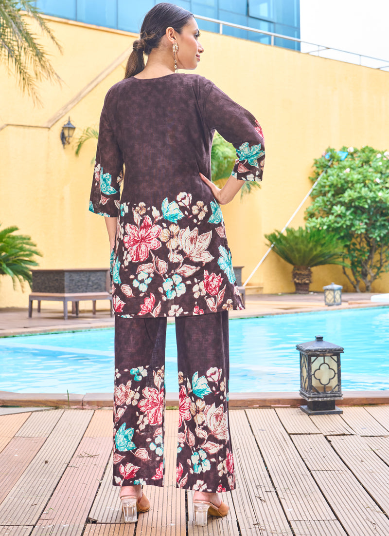 Prazu Fashion Coffee Pure Cotton Stylish Prints Co-Ords Set