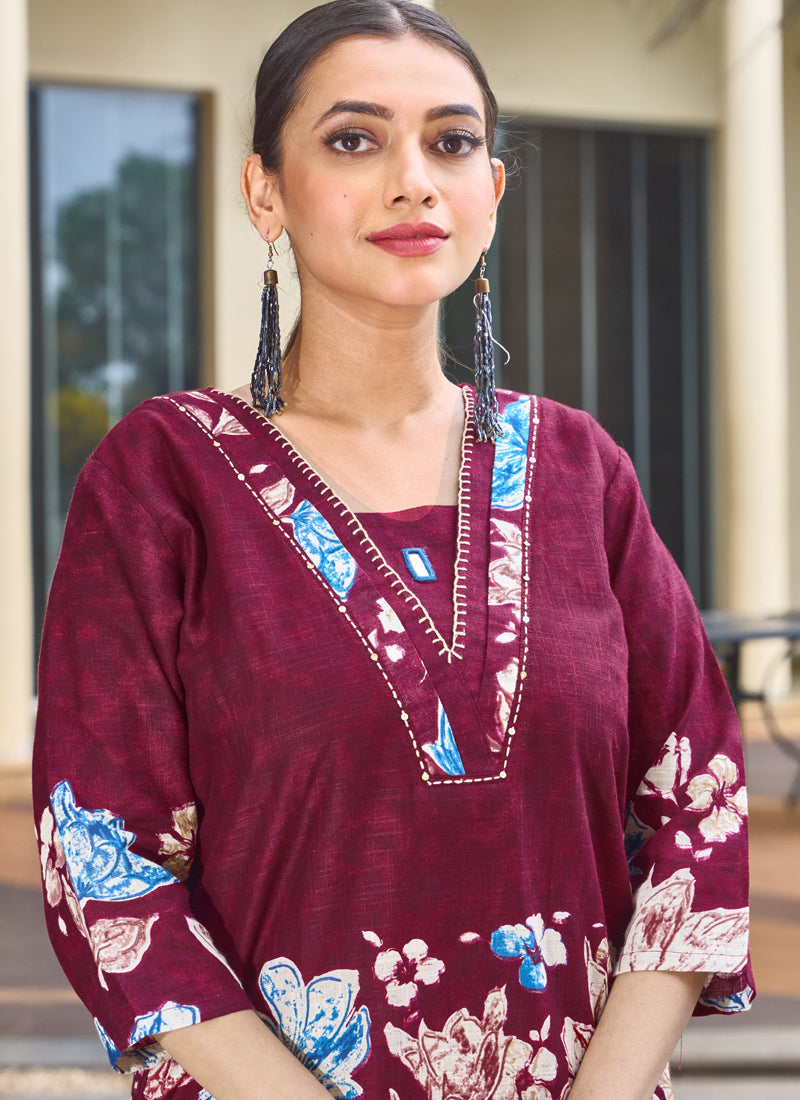 Prazu Fashion Maroon Pure Cotton Stylish Prints Co-Ords Set