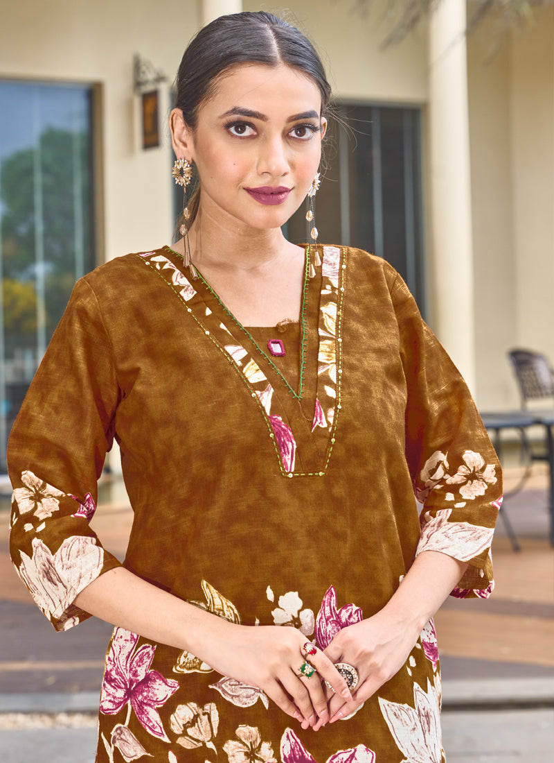 Mustard Pure Cotton Printed Co-Ord Set with Handwork Neckline