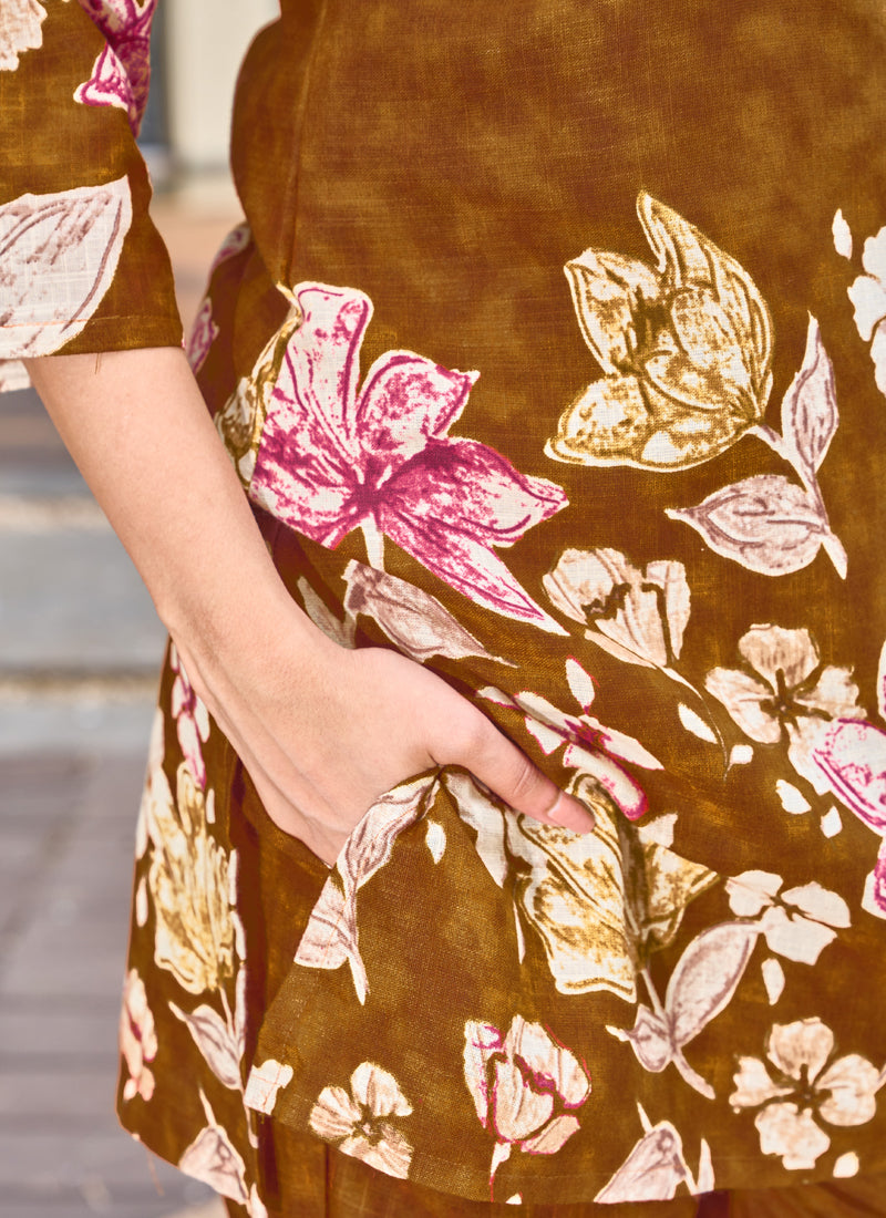 Mustard Pure Cotton Printed Co-Ord Set with Handwork Neckline