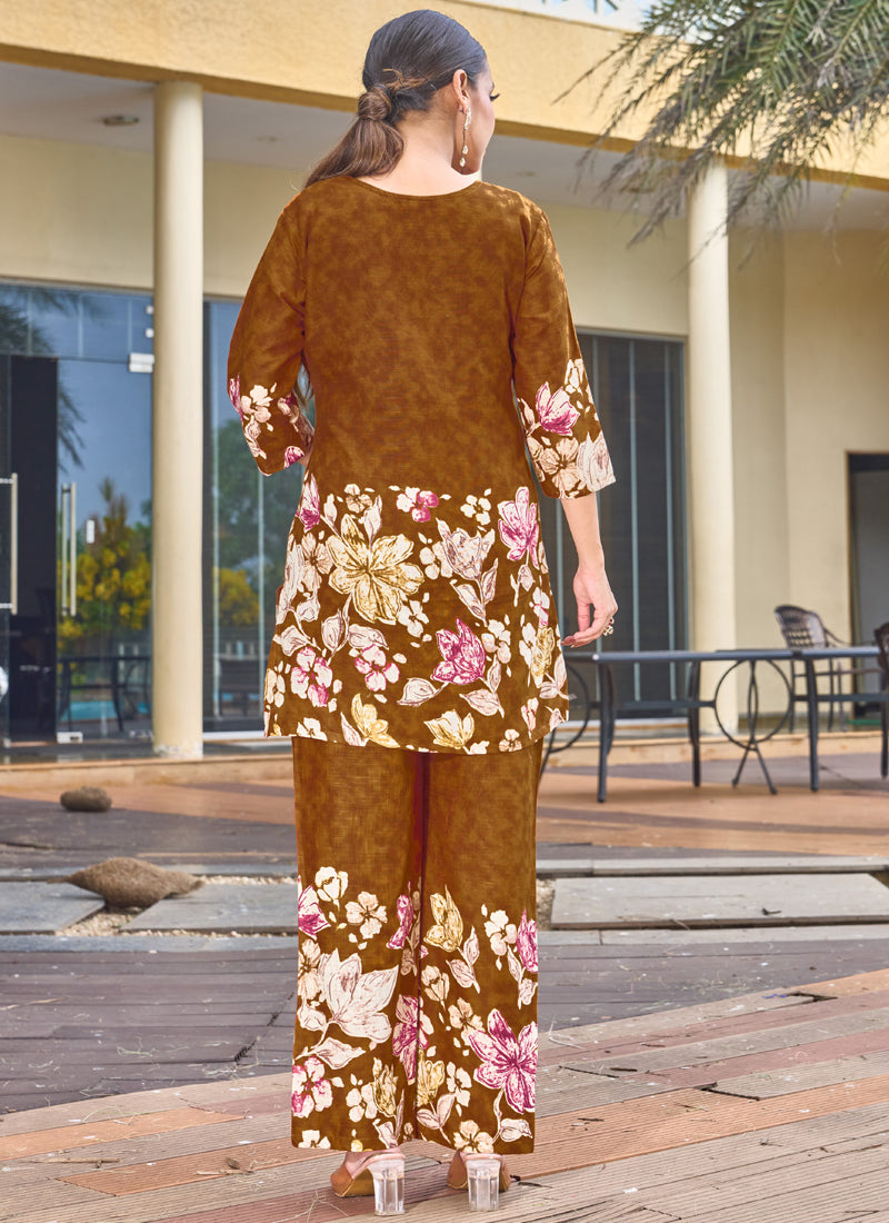 Mustard Pure Cotton Printed Co-Ord Set with Handwork Neckline