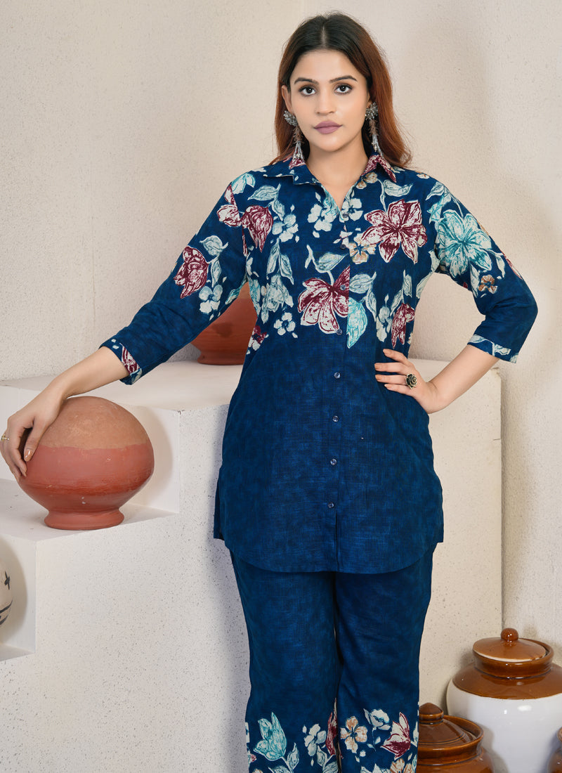 Blue Pure Cotton Stylish Print Co-Ords Set with Handwork Details