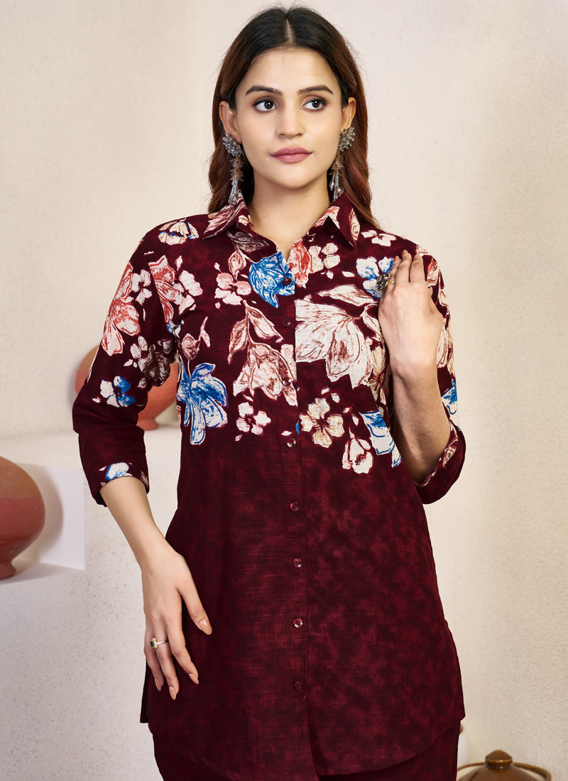 Maroon Pure Cotton Printed Co-Ord Set with Handwork Neckline