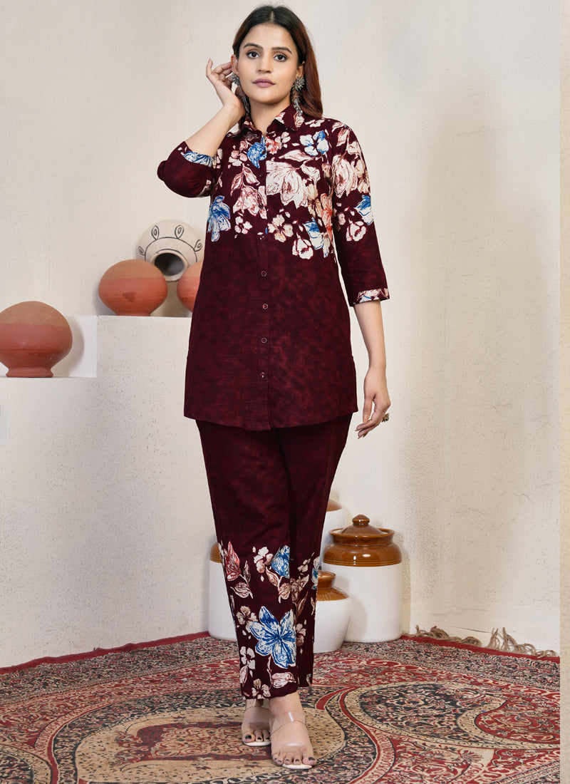 Maroon pure cotton co-ord set with detailed handwork on the neckline and matching printed cotton fabric.