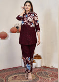 Maroon pure cotton co-ord set with detailed handwork on the neckline and matching printed cotton fabric.