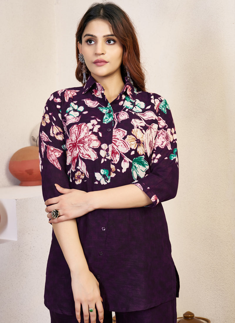 Violet Floral Print Pure Cotton Co-Ord Set with Handwork Details