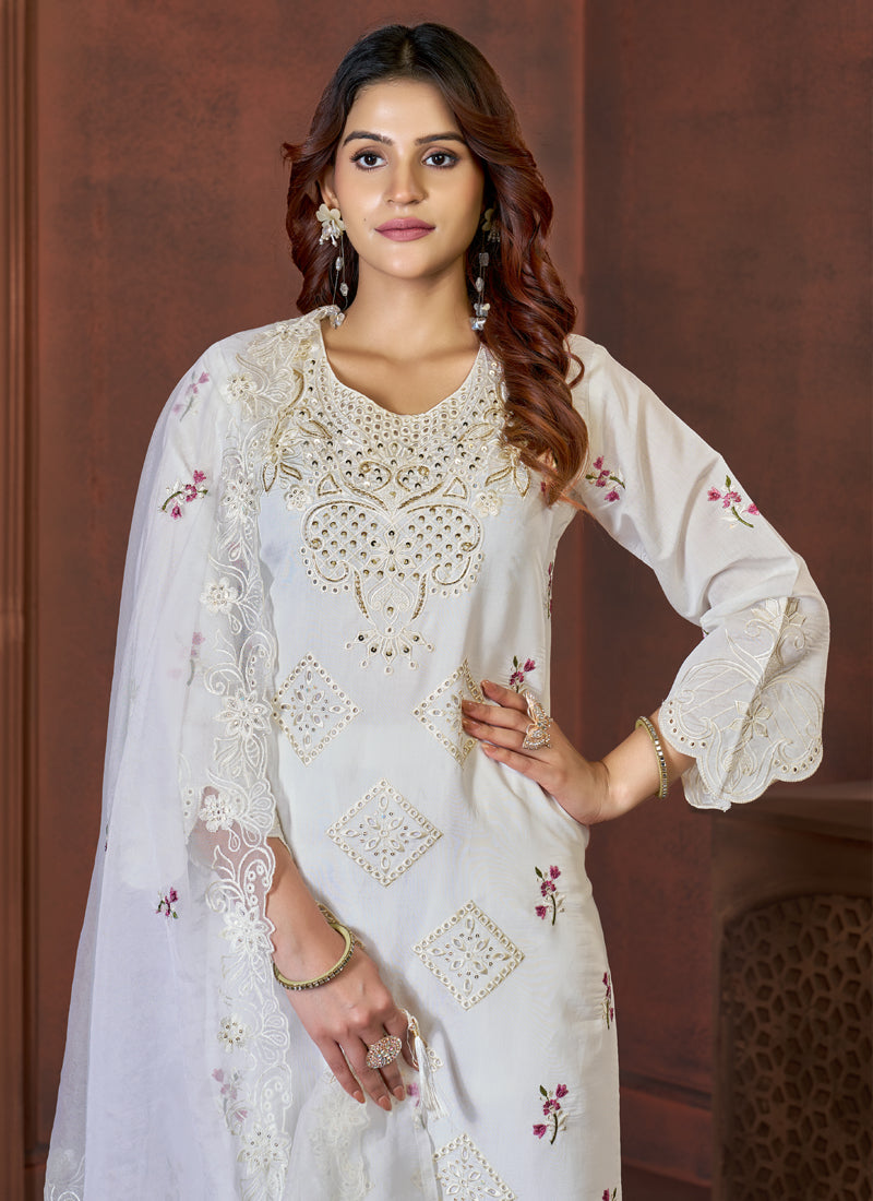 Prazu Fashion White Viscose Roman Silk Embroidered Sequence Work Kurta Set