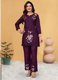 Wine colored heavy viscose rayon co-ord set with multi-color embroidery thread work