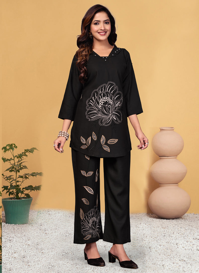 Black Viscose Rayon Embroidered Co-Ord Set with Thread Work
