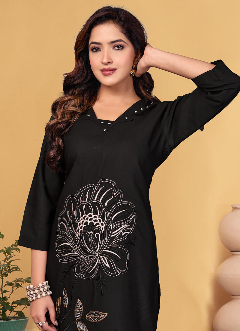 Black Viscose Rayon Embroidered Co-Ord Set with Thread Work