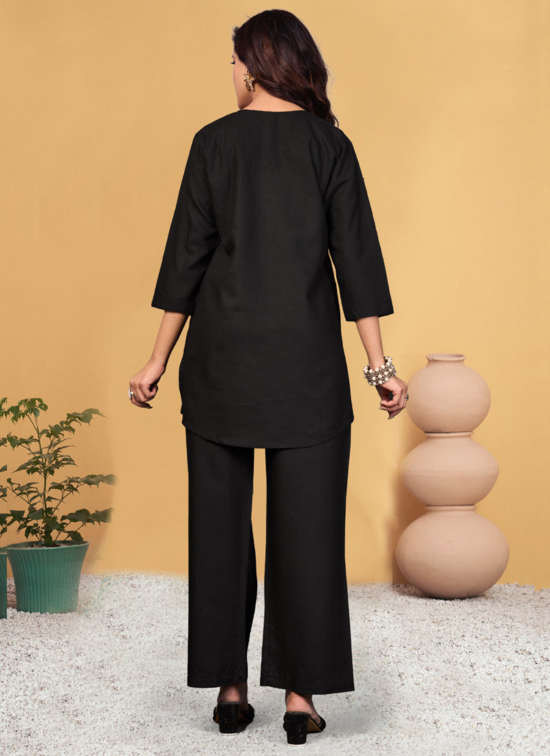 Black Viscose Rayon Embroidered Co-Ord Set with Thread Work