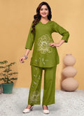 Parrot green viscose rayon co-ord set with intricate multi-thread embroidery and handwork