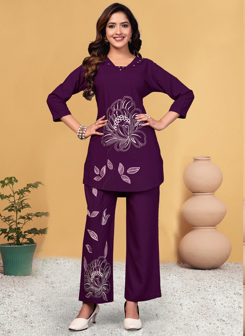 Purple Viscose Rayon Co-Ord Set with Embroidery Thread Work