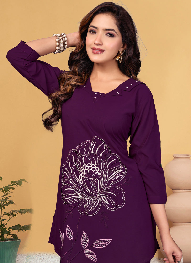 Purple Viscose Rayon Co-Ord Set with Embroidery Thread Work