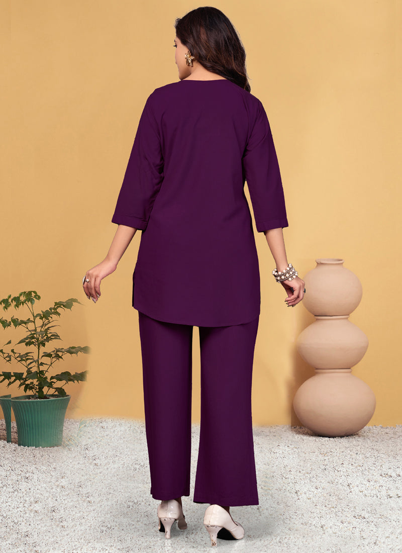 Purple Viscose Rayon Co-Ord Set with Embroidery Thread Work