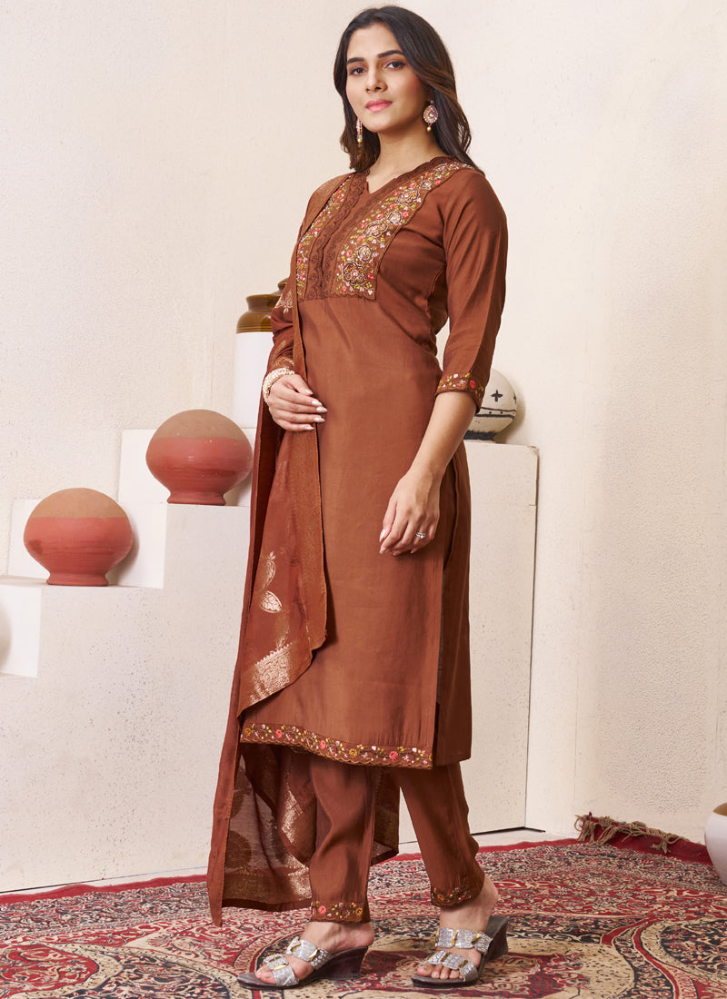 Brown Roman Silk Kurta Set with Multi Embroidery and Sequins