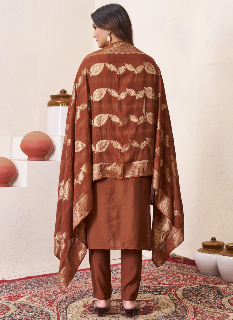 Brown Roman Silk Kurta Set with Multi Embroidery and Sequins