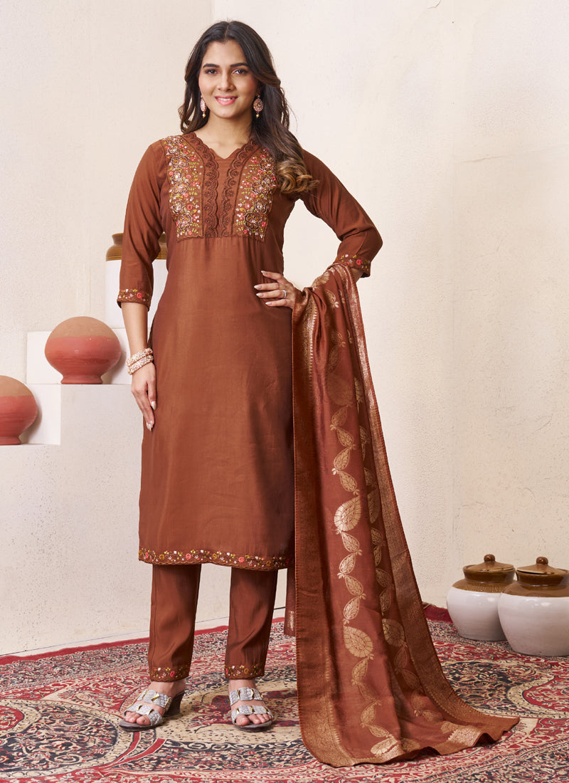 Brown Roman Silk kurta set featuring intricate multi-color embroidery and sequin embellishments