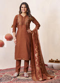 Brown Roman Silk kurta set featuring intricate multi-color embroidery and sequin embellishments