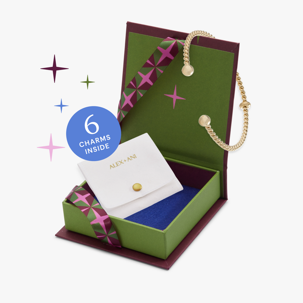 Signature French rope cuff bracelet with six gold and green charms
