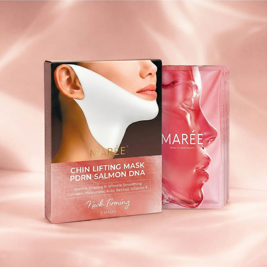 Maree PDRN Salmon DNA Chin and Neck Lifting Mask box and individual packet on a soft pink background