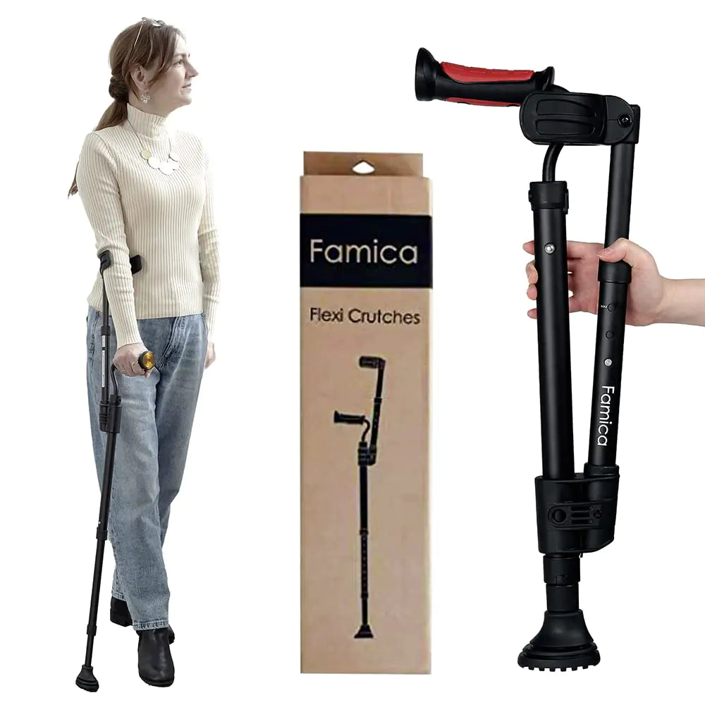 Famica Crutch for Adult (x1 Unit Open Cuff) - Adjustable Ergonomic Handles Cuff Height Foldable Lightweight and Non-slip Forearm Crutches