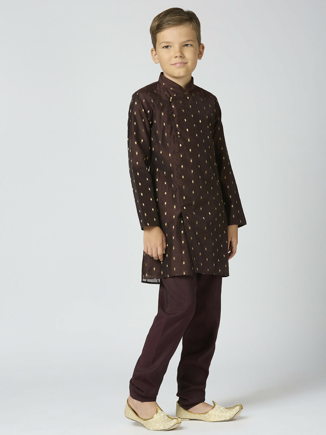 Boys Brown Chanderi Kurta and Pyjama Set with Butta Work
