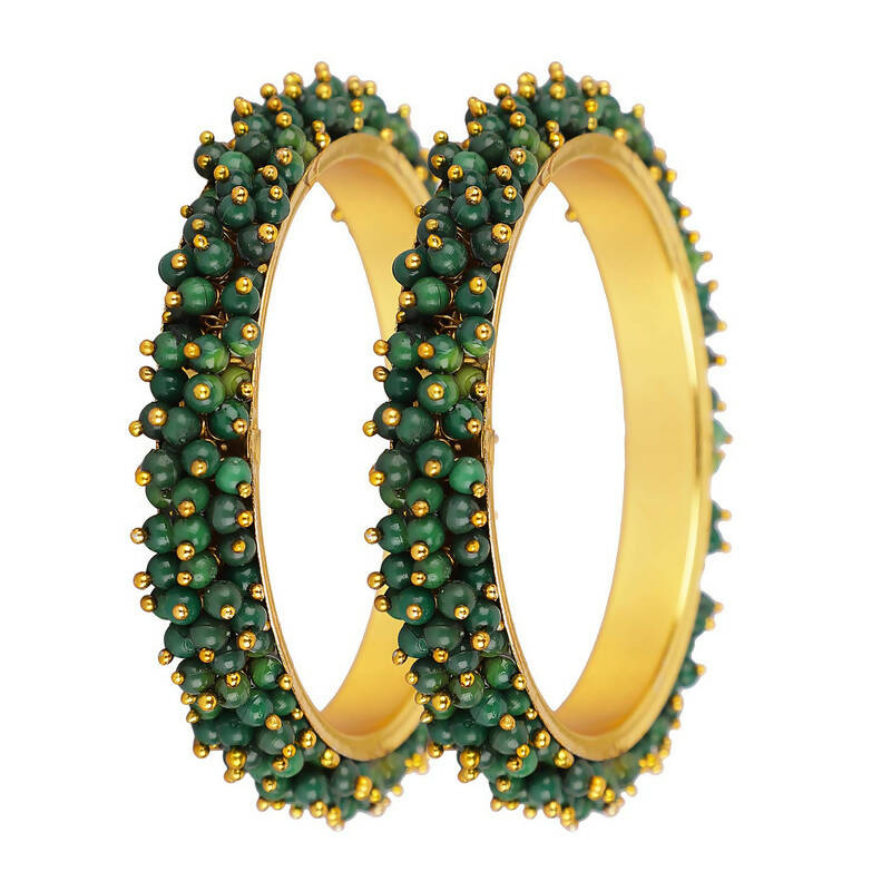 Joharkamal Gold-Polished Green Bead Bangles Set in Brass