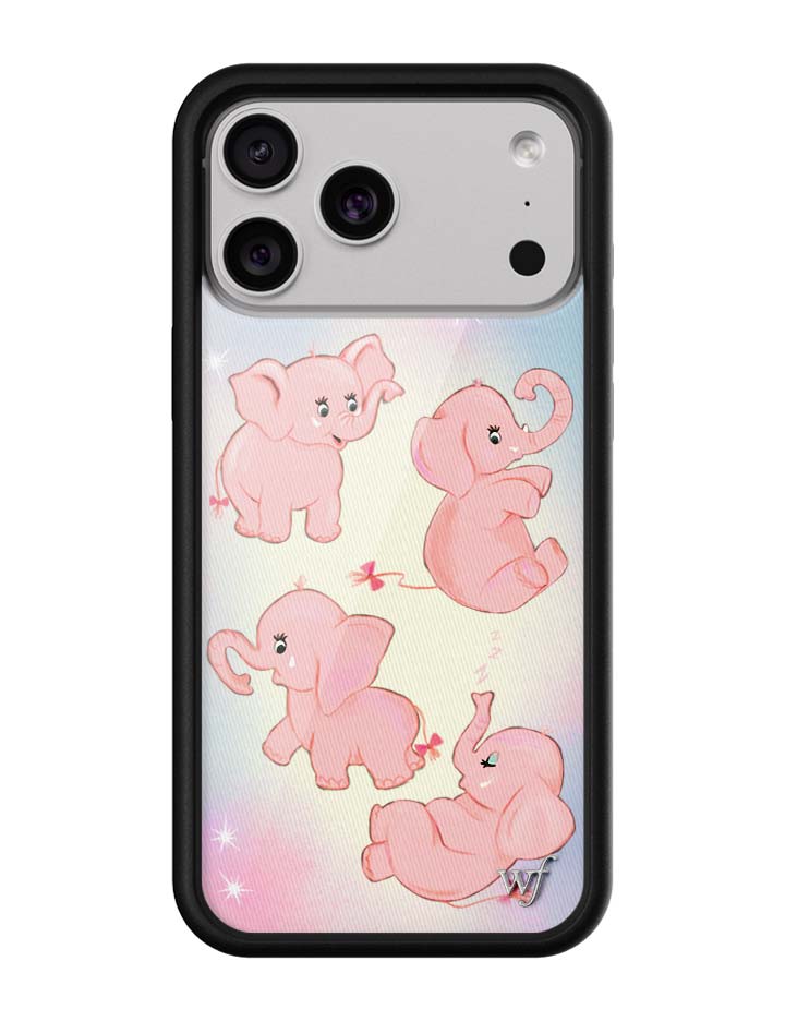 Pink Elephants iPhone case featuring four adorable elephants on a pastel background with sparkle details.