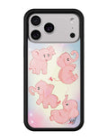 Pink Elephants iPhone case featuring four adorable elephants on a pastel background with sparkle details.