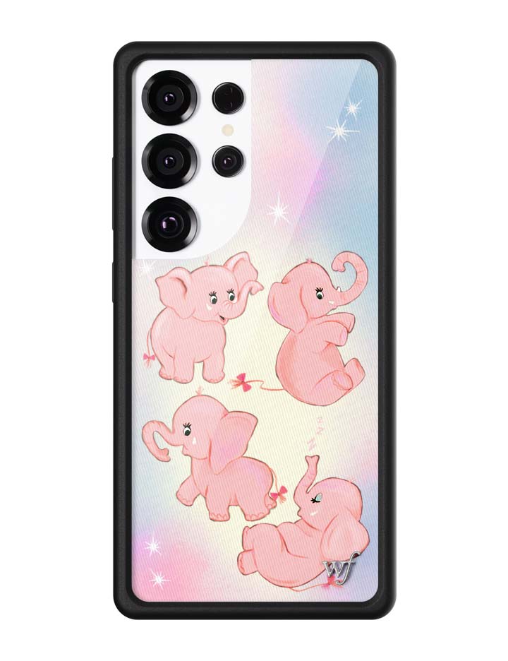 Pink Elephants Samsung Galaxy case featuring four adorable elephants on a pastel background with sparkle details.