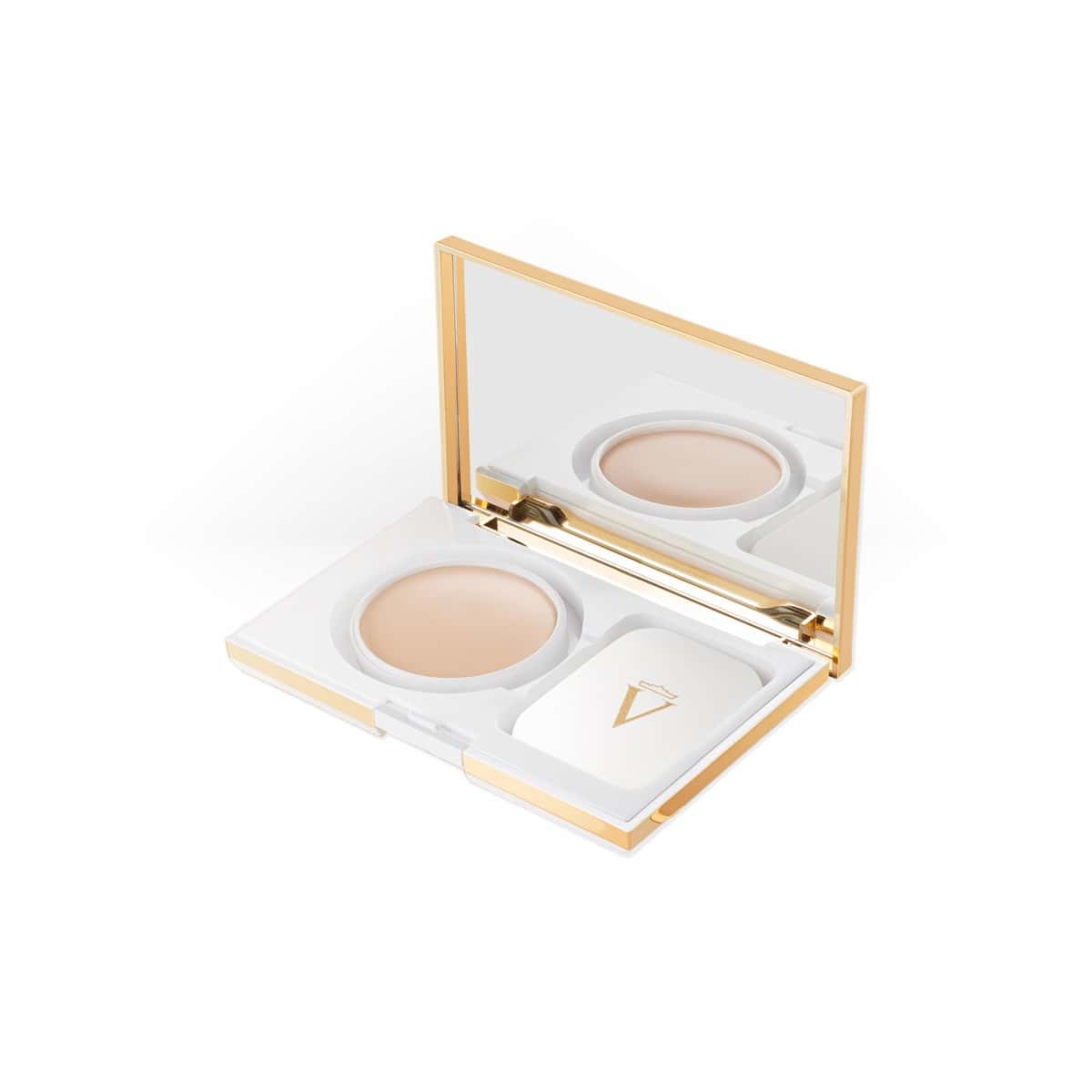 Valmont PERFECTING POWDER CREAM in elegant packaging, radiant foundation texture swatch
