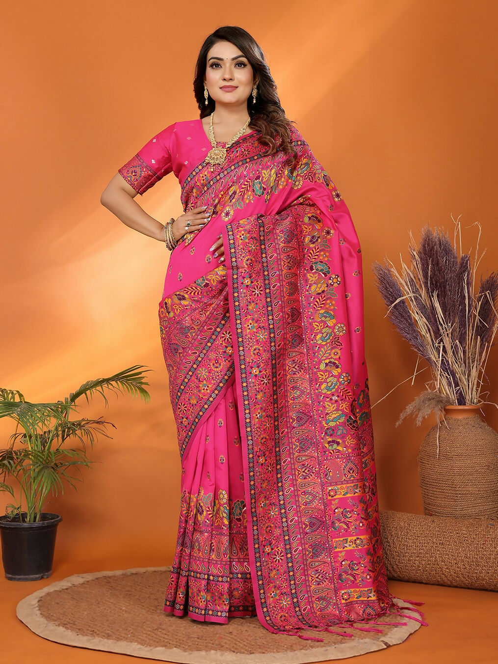 Rani Pink Meena Weaves Silk Blend Saree with Unstitched Blouse