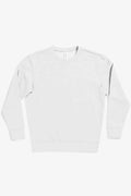 A clean, front-facing view of a plain white crew neck fleece sweatshirt with ribbed cuffs and waistband.